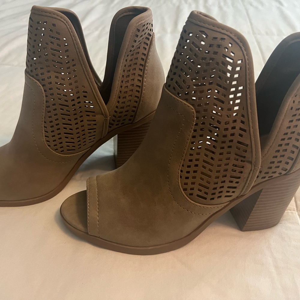 Soda Brown Heeled Boots with Peep-Toe Design